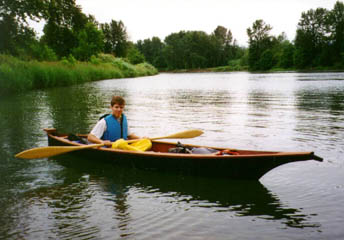 A photo of a plywood replica of a Columbia River dugout canoe